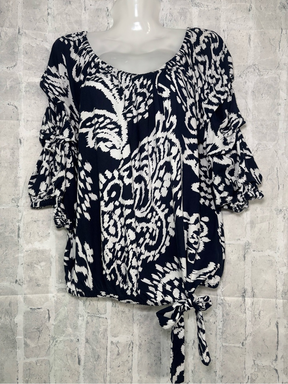 Vince Camuto Navy and White Printed Tie-Side Blouse